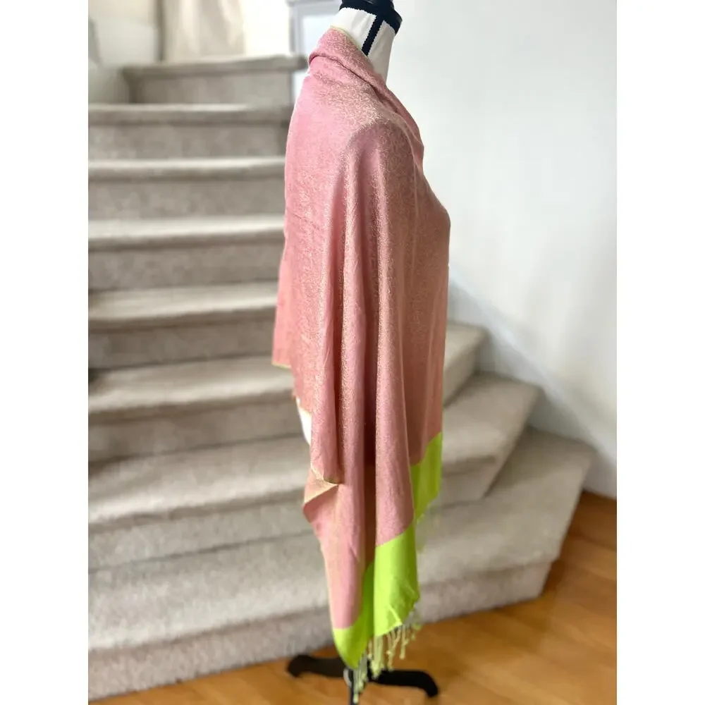 Pashmina Scarf Wrap Warm Pink & Lime Green Reversible Floral Swirl